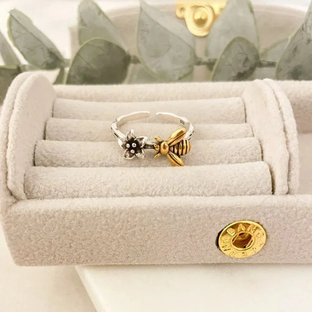 925 Sterling Silver Bee Ring Two Tone Ring Dainty Bee Ring Silver & Gold Ring